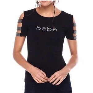 Bebe Logo Cutout Jersey Tee Blouse Black Beaded Rhinestones T-Shirt Y2K Size 1X